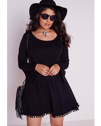 Missguided Plus Size Bell Sleeve Pom Pom Trim Mini Dress Black