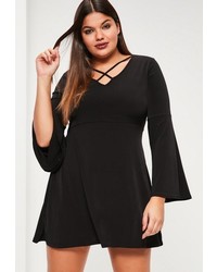 Missguided Plus Size Black Cross Neck Flared Sleeve Swing Dress