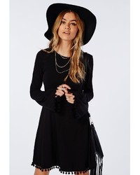 Missguided Pom Pom Trim Bell Sleeve Swing Dress Black