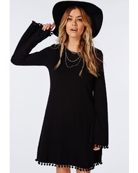 Missguided Pom Pom Trim Bell Sleeve Swing Dress Black