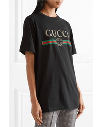 Gucci Appliqud Distressed Printed Cotton Jersey T Shirt Black