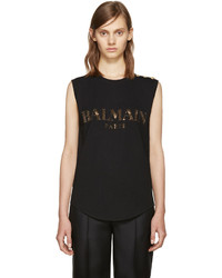 Balmain Black Crystal Logo T Shirt