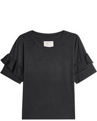 Current/Elliott Distressed Ruffle Sleeve T Shirt In Cotton