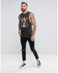 Asos Def Leppard Sleeveless Band T Shirt With Acid Wash And Dropped Armhole