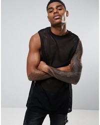 Asos Longline Sleeveless T Shirt With Dropped Armhole In Black Mesh