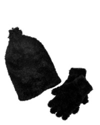 Faded Glory Girls Fuzzy Black Plush Hat Gloves Beanie Set