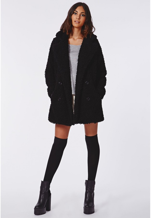 Missguided Celine Teddy Faux Fur Coat Black, $109 | Missguided | Lookastic
