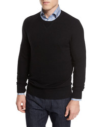 Neiman Marcus Mixed Textured Crewneck Sweater Black