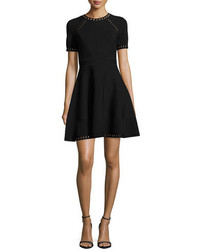 Milly Short Sleeve Pointelle Trim Textured Knit Dress Black
