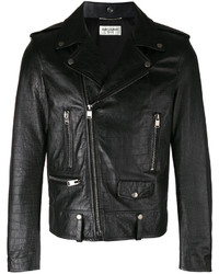 Black Textured Leather Biker Jacket