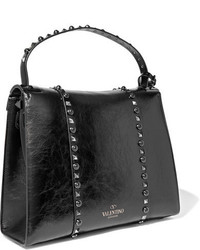 Valentino My Rockstud Glossed Textured Leather Tote Black