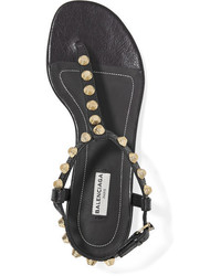 Balenciaga Studded Glossed Textured Leather Sandals Black