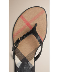 Burberry House Check And Leather Flip Flops