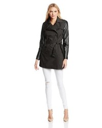 BCBGeneration Double Breasted Trench Coat With Leather Sleeves