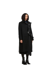 Sacai Black Melton Wool And Leather Convertible Trench Coat