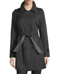 French Connection Double Breasted Chambray Trim Trench Coat Black