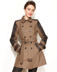 Jones New York Double Breasted Faux Leather Trim Trench Coat