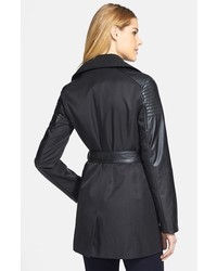 Laundry by Shelli Segal Faux Leather Detail Double Breasted Trench Coat