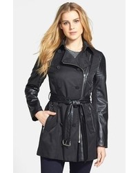 Laundry by Shelli Segal Faux Leather Detail Double Breasted Trench Coat