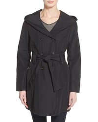 DKNY Petite Double Breasted Faux Leather Trim Swing Trench Coat