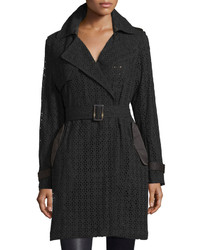 Vera Wang Lucy Lace Satin Combo Trenchcoat Black