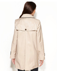 DKNY Petite Double Breasted Faux Leather Trim Swing Trench Coat