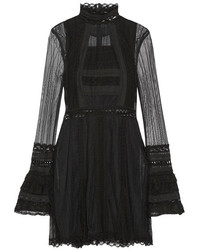 JONATHAN SIMKHAI Crochet Trimmed Tulle And Lace Mini Dress Black