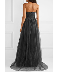 Monique Lhuillier Strapless Ruched Swiss Dot Tulle Gown