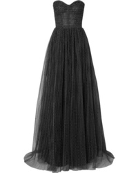 Monique Lhuillier Strapless Ruched Swiss Dot Tulle Gown