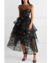 Monique Lhuillier Asymmetric Tiered Glittered Tulle Midi Dress