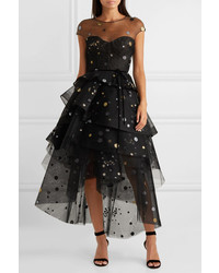 Monique Lhuillier Asymmetric Tiered Glittered Tulle Midi Dress