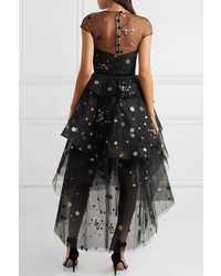 Monique Lhuillier Asymmetric Tiered Glittered Tulle Midi Dress