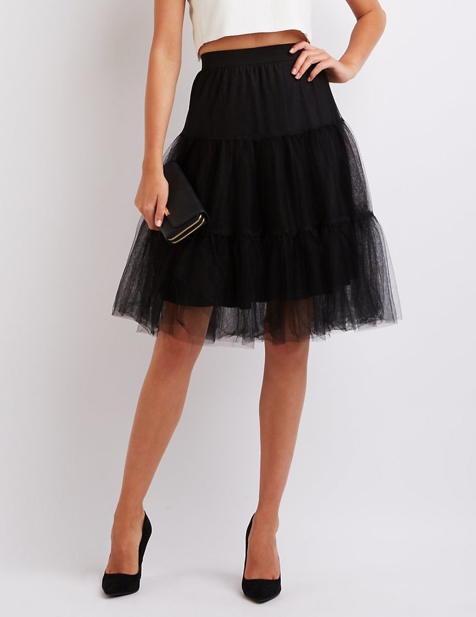 black tiered tulle midi skirt