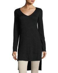 Salty V Neck High Low Ribbed Tunic Black