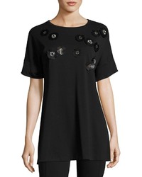Joan Vass Short Sleeve Tunic W Paillette Flowers Black