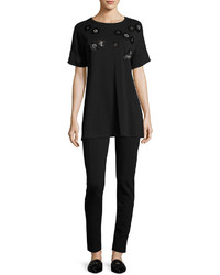 Joan Vass Short Sleeve Tunic W Paillette Flowers Black