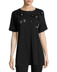 Joan Vass Short Sleeve Tunic W Paillette Flowers Black Petite
