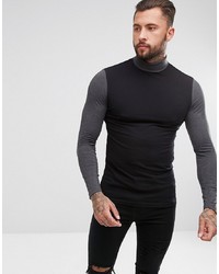 ASOS DESIGN Asos Long Sleeve Muscle T Shirt With Contrast Sleeve And Neck Blk Char Marl