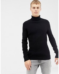 Brave Soul Muscle Fit Roll Neck Stretch Rib Jumper In 100% Cotton