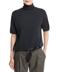 Brunello Cucinelli Short Sleeve Turtleneck Cashmere Sweater Onyx