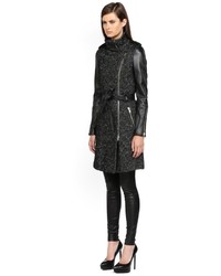 Mackage Xia Belted Black Wool Trench Coat With Leather Sleeves
