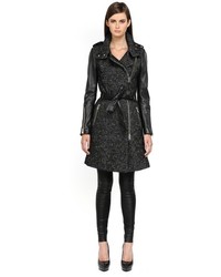 Mackage Xia Belted Black Wool Trench Coat With Leather Sleeves