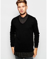 Asos Brand V Neck Sweater In Black Cotton