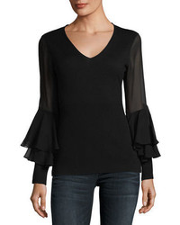 Neiman Marcus Cashmere Collection Chiffon Ruffle Sleeve V Neck Cashmere Sweater