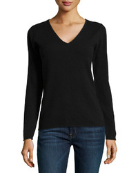 Neiman Marcus Cashmere Pullover V Neck Knit Sweater Black