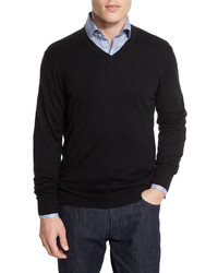 Neiman Marcus Cashmere Silk V Neck Sweater Black