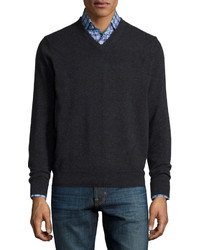 Neiman Marcus Cashmere V Neck Sweater Charcoal