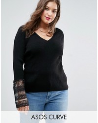 Asos Curve Curve Sweater With V Neck And Lace Bell Sleeve