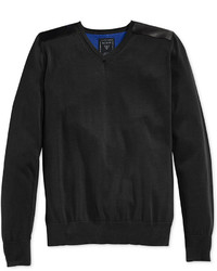 GUESS Luke V Neck Faux Leather Trim Sweater
