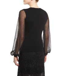 Elie Tahari Malia Split V Neck Wool Sweater W Sheer Long Sleeves Black